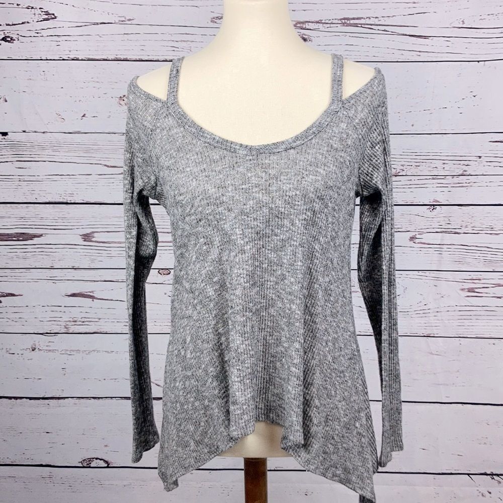 ALYA Long Sleeve Cut Out Shoulder Marled Gray High-low Top